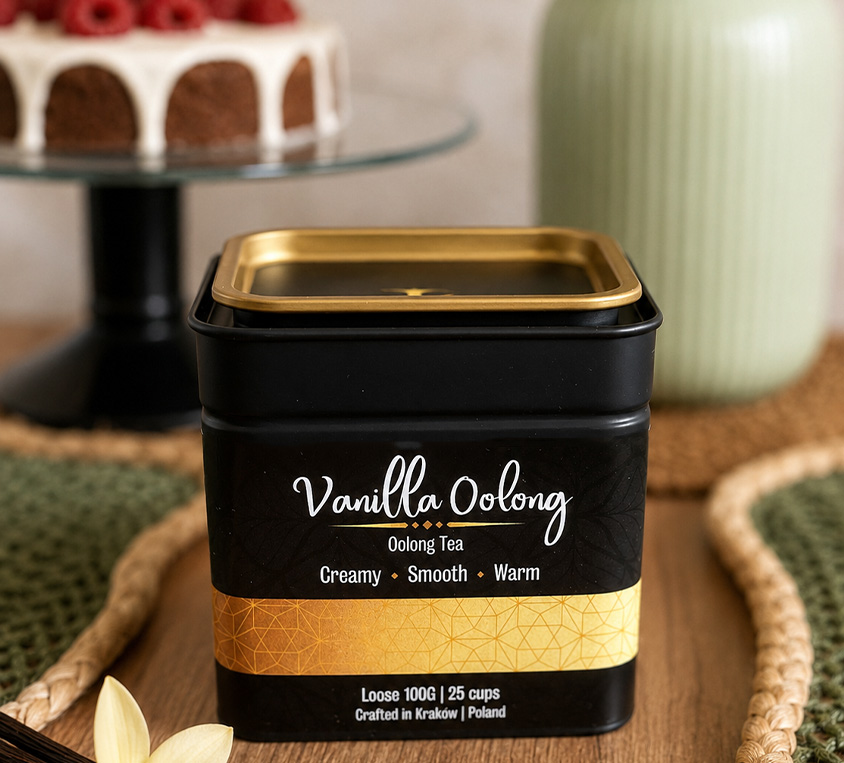 Vanilla Oolong Leo Tea – elegancka puszka, doypack i kubek prezentowy